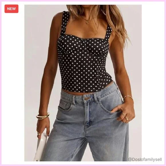 Y2K Corset Bustier Crop Top Sleeveless Polka Dots Sweetheart Neck